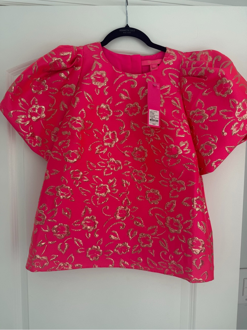 Lilly Pulitzer Hot Pink Puff-Sleeve Top with Gold Floral